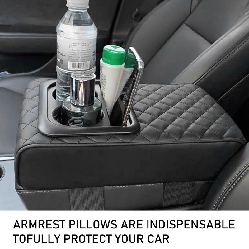 Suvnie Car Center Console Armrest Pillow  14""?8.3"" Memory Foam Auto Armrest Box Cover with Cup Holder & Phone Holder  Waterproof Leather Arm Rest Protector Cushion  Car Accessories (Diamond Pattern) - Image 4